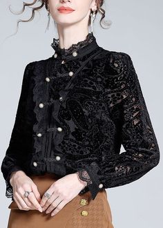 Elegant Black Stand Collar Lace Patchwork Button Silk Top Long SleeveFabric: SilkSize & Fit: Fit: This garment fits true to size.Length: Size L measures 25.155"from shoulder to hemBust: Great for any cup size. Waist: Loose Fit. Comfortable room throughout midsection.Hip: Loose Fit - room for hips. Hand Wash Cold. Lace Patchwork, Comfortable Room, Cup Size, Silk Top, Stand Collar, Fashion Dresses, Loose Fitting, Hand Wash, Silk