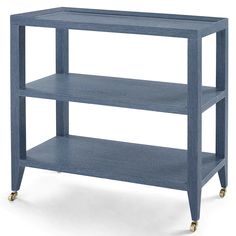 a blue shelf with two shelves on each side and wheels at the bottom, against a white background