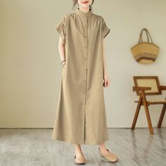 36 Casual Khaki Midi Dress For Summer, Khaki Short Sleeve Dress With Relaxed Fit, Khaki Beach Dress, Beige Cotton Maxi Dress With Short Sleeves, Beige Short Sleeve Maxi Dress For Work, Casual Khaki Midi Dress For Daywear, Casual Beige Maxi Dress With Buttons, Casual Beige Maxi Dress For Work, Casual Khaki Maxi Dress