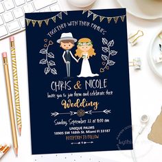 a wedding card with a bride and groom on it