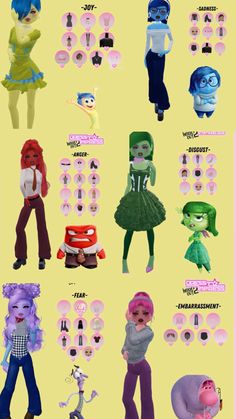 an image of some cartoon characters with different hair colors and makeup looks for the same character