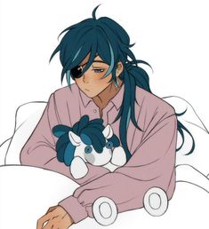 an anime character with blue hair holding a stuffed animal