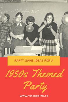 a group of people standing in front of a blackboard with the words party game ideas for a 1950's themed party