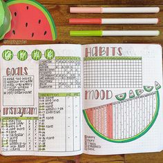 an open planner book with watermelon and other items on the table next to it