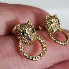 18k Real Gold Plated, Absolutely Beautiful Small Stud Earrings! These Are A Cat Of Some Sort, Lion, Panther, Cheetah Head Door Knocker Style, Made To Look Vintage But New, The Crystals Are Tiny And Set In Paved And Look Amazing! He Has Beautiful Emerald Green Crystal Stone Eyes, Diamond Like Simulated Very Sparkly! These Look Much Much Nicer In Person. Beautiful! Measurements Coming In A Few Hours. Box B-1 I Sell In My Closet And Have Tons Of Other Brands Similar To List Such As Coro, Vior,Donal Emerald Green Crystal, Murano Glass Earrings, Small Stud Earrings, Stone Dangle Earrings, Black Sapphire, Heart Shaped Rings, Chanel Earrings, Door Knocker, Small Earrings Studs