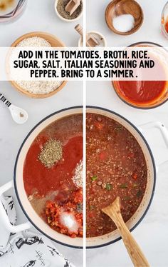 two pictures showing how to make the best homemade tomato soup in one pot and then adding seasoning