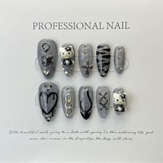 **Reusable Hand-Painted Press-On Nails** Get The Luxury Of Hand-Painted, Salon-Quality Nails In Just 15 Minutes! These Easy-To-Apply, Reusable Press-On Nails Offer A Flawless, Personalized Look Without The Salon Price Or Time Commitment. When Used With Nail Glue, They Last Up To 2-3 Weeks, While Jelly Gel Provides Wear For 1-2 Weeks And Allows For Multiple Uses. Perfect For Anyone Looking To Elevate Their Style Effortlessly And Affordably. Save Time, Money, And Skip The Salon Trip With These Bea Gatto Carino, Acrylic Press On Nails, Hello Kitty Nails, Pretty Gel Nails, Cat Nails, Nails Black, Cat Cute, Kawaii Cat, Nail Sizes