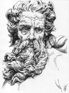 a black and white drawing of a bearded man