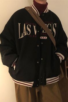 Model is 5ft 75''(175cm) tall, 121 lbs(55kg) weight and wearing a size L - Las Vegas- Embroidered- Lettered jacket- Padded La Street Style, Outfit Minimalist, Embroidery Baseball, Fairy Dresses, Letter Embroidery, Style Korean, Sneakers Men Fashion, Korean Men, Minimalist Style