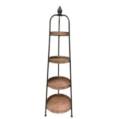 three tiered metal shelf with two wooden plates on it and an iron frame around the bottom