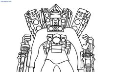 a black and white drawing of a giant robot with lots of objects on it's back