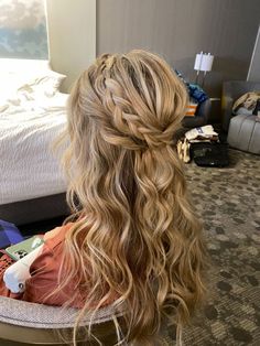 Easy Formal Down Hairstyles, Chunky Braid Half Up Half Down, Hoco Updos For Medium Hair, Hair For A Bridesmaid, Glad Up Half Down Wedding Hair, Prom Hairstyles From Front View, Bridesmaid Half Up Half Down Braid, Bridesmaid Hairstyles Half Up Half Down Blonde, Half Up Half Down Hair Graduation