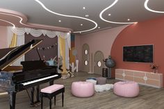 a living room filled with furniture and a piano in the middle of it's walls