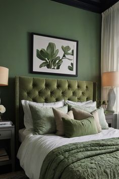 a bedroom with green walls and white bedding, two lamps on either side of the bed