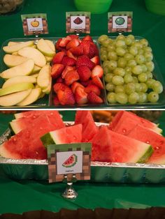 there are many different types of fruit on display in the buffet table, including watermelon, apples and grapes