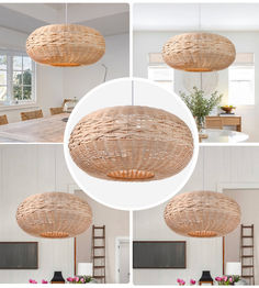 three pictures of the same light fixture in different stages of being hung over a dining room table