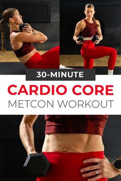 a woman doing cardio core workouts with the text 30 - minute cardio core