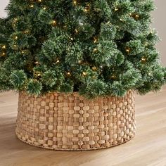 a small christmas tree in a basket with lights on the top and branches around it