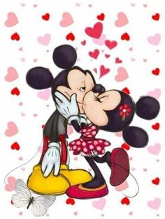 a mickey and minnie kissing each other with hearts in the background on valentine's day