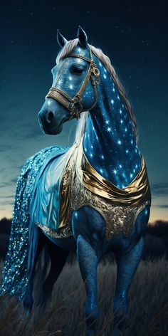 a blue and white horse standing on top of a grass covered field under a sky filled with stars