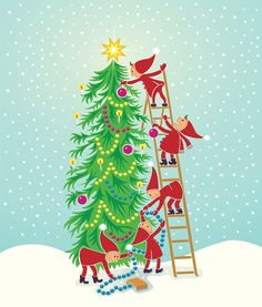 an elf is climbing the ladder to decorate a christmas tree with other elves around it