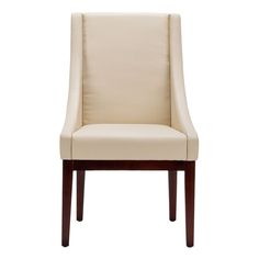 a beige leather chair with wooden legs