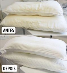 before and after pictures of pillows on top of an ironing board