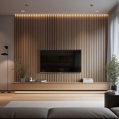 modern living room with wood paneling and tv