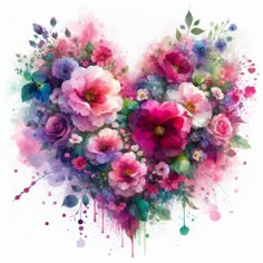 an artistic heart made up of flowers and paint splatters on a white background