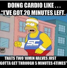 the simpsons character is wearing a blue shirt and red shorts, with text that reads doing cardio like i've got 20 minutes left