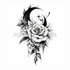 Rose with a Moon Tattoo Design Rose And Moon Tattoo Design, Moon And Flower Tattoo, A Moon Tattoo, Moon Tattoo Design, 2024 Tattoo, Printable Tattoos, Background Printable, Moon Tattoo Designs