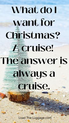 "What do I want for Christmas? A cruise! The answer is always a cruise."  Image is the beach with a little fake Christmas tree on it. Beach Quotes, Instagram Quotes, Social Media Posts