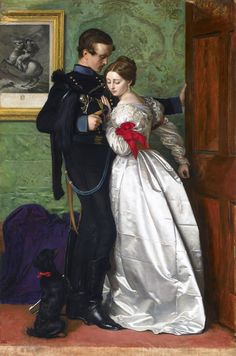 a painting of a man and woman standing next to each other in front of a doorway