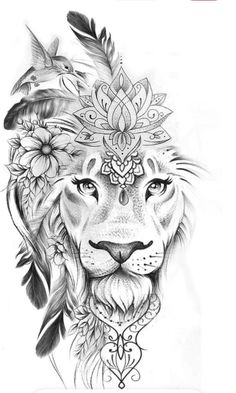 a drawing of a lion with feathers and flowers on it's head is shown