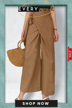 Linen Blend Wrap Casual Pants High-waisted Brown Harem Pants For Spring, Brown High-waisted Harem Pants For Spring, Casual Beach Pants For Fall, Casual Fall Beach Pants, Wide Leg Capris For Beach, High Waist Solid Color Pants For Vacation, Solid Color Vacation Trousers, Vacation Pants In Solid Color, Brown Straight Harem Pants For Spring