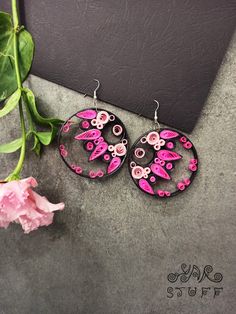 Quilled Paper Dangle Earrings These jewelry set are made entirely out of paper so they are super light weight! The finishing process seals them from dirt/dust and makes them very sturdy. You will be able to wear them for many years and be sure of their durability. The final goods coating protects them against high humidity, but I cannot guarantee that they are 100% waterproof! Also these products are not fireproof. Every item is unique and exceptional, that guarantees you a special look and delight from other people. It is suitable for everyday wear. Careful storage of your paper jewelry is advised. They will be shipped safely in a cute and sturdy box. Dimensions: Earrings: Length - 55mm Width - 55mm Weight with packing 0.1 kg Pink Circle Earrings For Gifts, Pink Circle Earrings As A Gift, Pink Circle Earrings For Gift, Handmade Pink Circle Earrings, Handmade Pink Circular Earrings, Quilled Earrings, Neon Summer, Paper Quilling Patterns, Quilled Jewellery