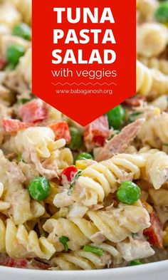 tuna pasta salad with veggies in a white bowl