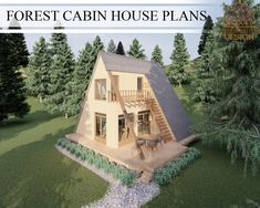 an image of a small house in the middle of some trees with text that reads forest cabin house plans