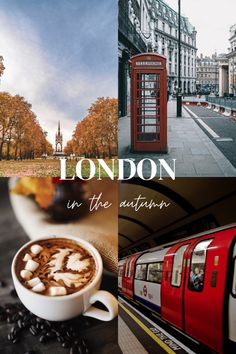 london in the autumn with a cup of coffee and a phone booth on the side