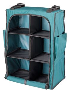 an open blue and black storage unit with four bins on the bottom, one section closed