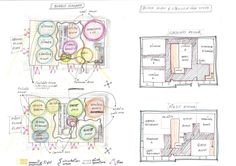 three drawings of different rooms in the same room, one with furniture and two with seating areas