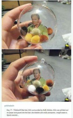 two pictures of a person holding a glass ornament with pom - poms in it