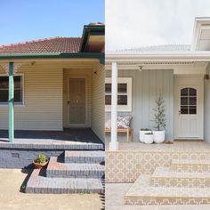 before and after photos of a house with steps leading up to the front door, and then on the outside