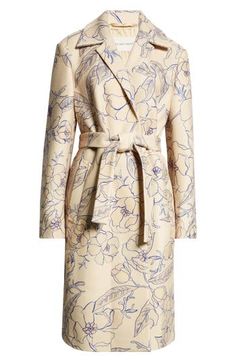 One of the Belgian house's staple coat silhouettes is a tailored wool-blend blank canvas for yet another original floral print rendered with deftly sketched elegance. 42" length (size 38 FR) True wrap style Notched lapels Front welt pockets Removable tie belt Lined 77% wool, 23% polyamide Dry clean Imported Designer Clothing Chic Floral Print Outerwear For Office, Chic Floral Print Office Outerwear, Fitted Beige Outerwear With Floral Print, Chic Beige Floral Print Outerwear, Fitted Beige Floral Print Outerwear, Elegant Floral Print Office Outerwear, Elegant Tailored Floral Print Outerwear, Twill Coat, Wool Wrap Coat