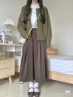 Open Cardigan Outfit Aesthetic, Mustard Yellow And Brown Outfit, Cardigan Skirt Outfit Aesthetic, Basic Cottagecore Outfit, Soft Japanese Fashion, Japanese Mori Fashion, Sawako Winter Outfit, Sawako Style Outfit, Sawako Clothes