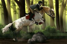 a person riding on the back of a white horse through a forest filled with trees