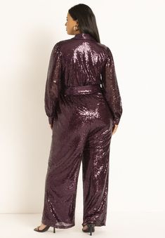 Sequin Jumpsuit With Collar | Eloquii Party Long Sleeve Jumpsuit With Tie Waist, Fitted Belted Jumpsuits And Rompers For Date Night, Fitted Jumpsuits And Rompers With Tie Waist For Party, Fall Season Belted Overall Jumpsuits And Rompers, Fall Party Jumpsuits And Rompers With Pockets, Fall Party Pantsuit With Pockets, Fitted Party Jumpsuits And Rompers With Pockets, Party Overall Jumpsuits And Rompers With Pockets, Formal Fitted Jumpsuits And Rompers With Pockets