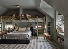 a bedroom with bunk beds and ladders in the ceiling is decorated in gray tones