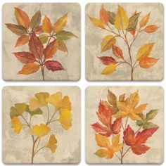 four square coasters with leaves painted on them