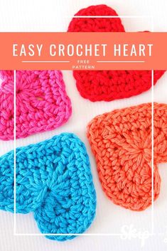 four crocheted hearts with the text easy crochet heart